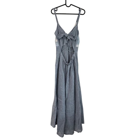 Marilu Italy Linen Blue Check Back Tie Back Keyhole Maxi Dress Womens Small - Picture 6 of 6